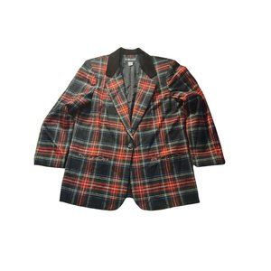 Vintage 80s Sag Harbor Red Black Blue Wool Plaid Suit Jacket Large